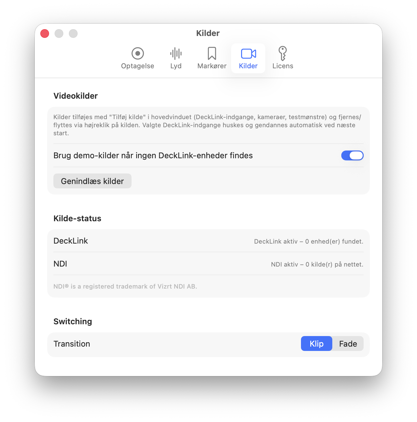 Indstillinger, Kilder-fanen: demo-kilder, DeckLink/NDI-status og switching