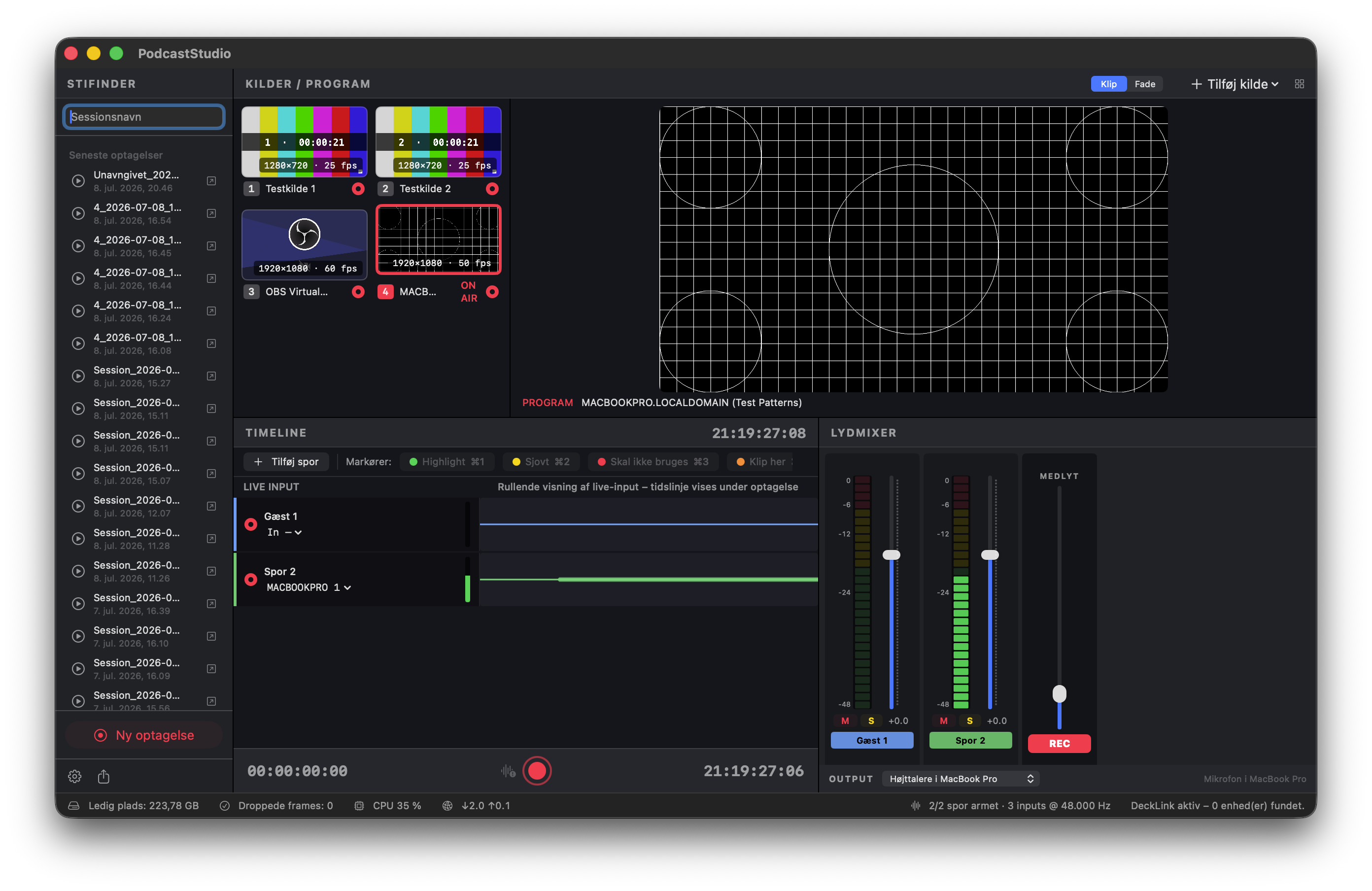 PodcastPilot med kilder på SDI og NDI, live program, multitrack lydtidslinje og mixer