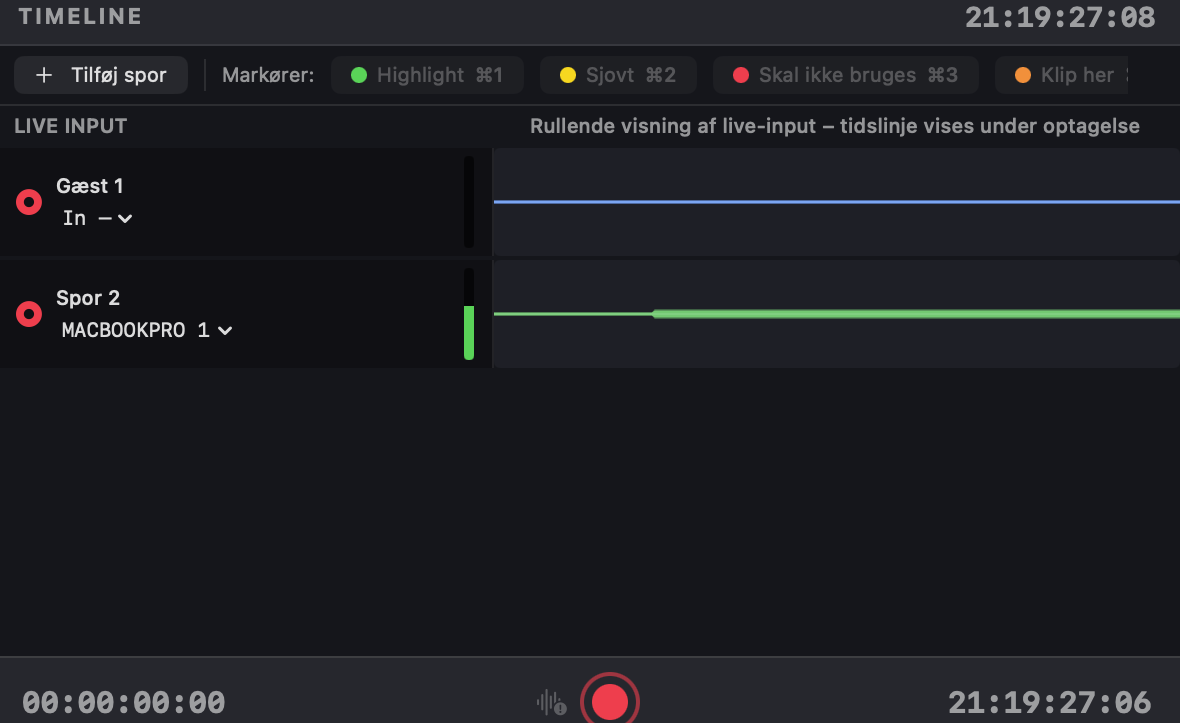 Timeline med lydspor, waveforms, markørknapper og transportbar