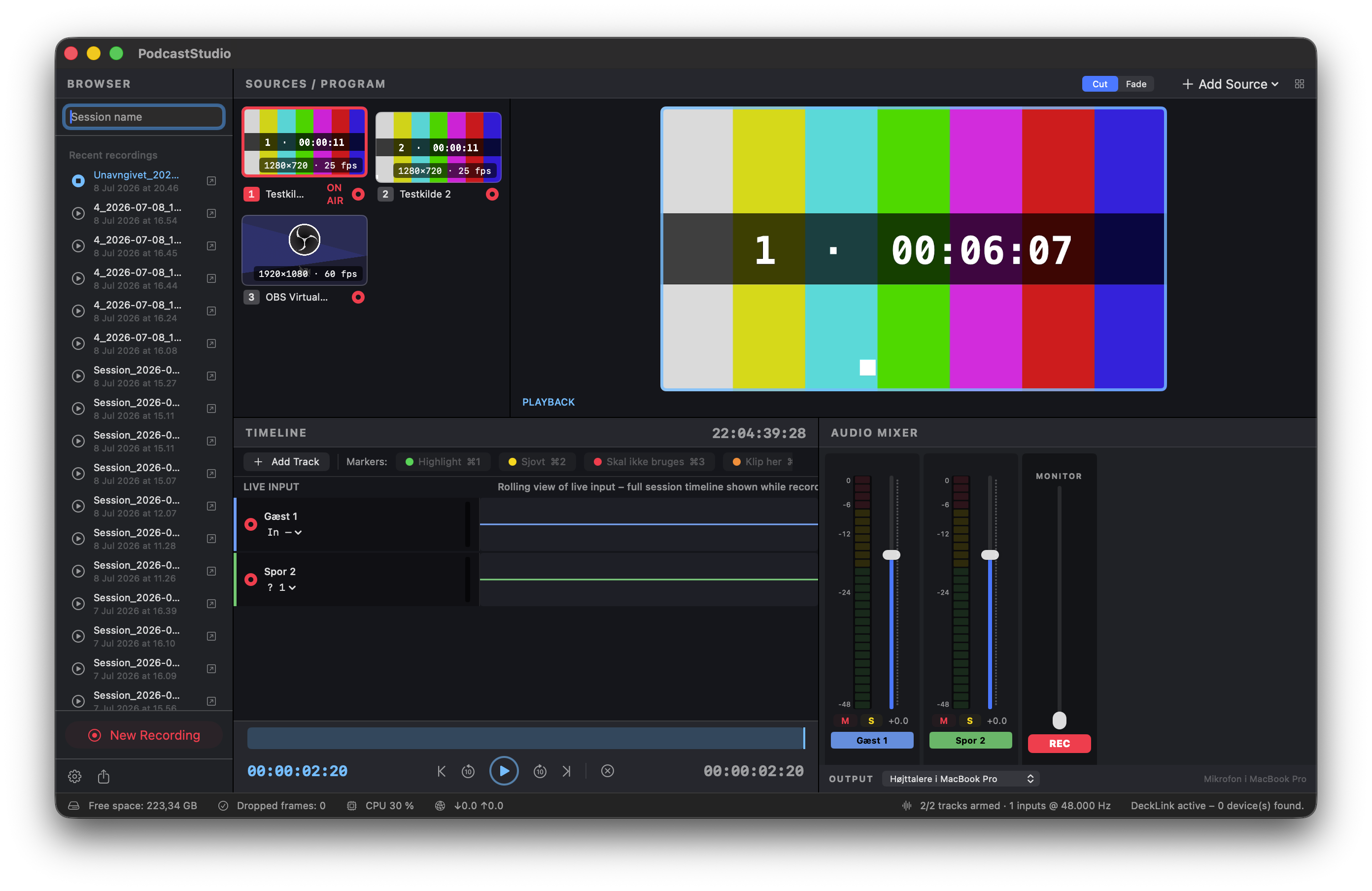 Playback mode with blue identity, scrubber with markers and transport controls
