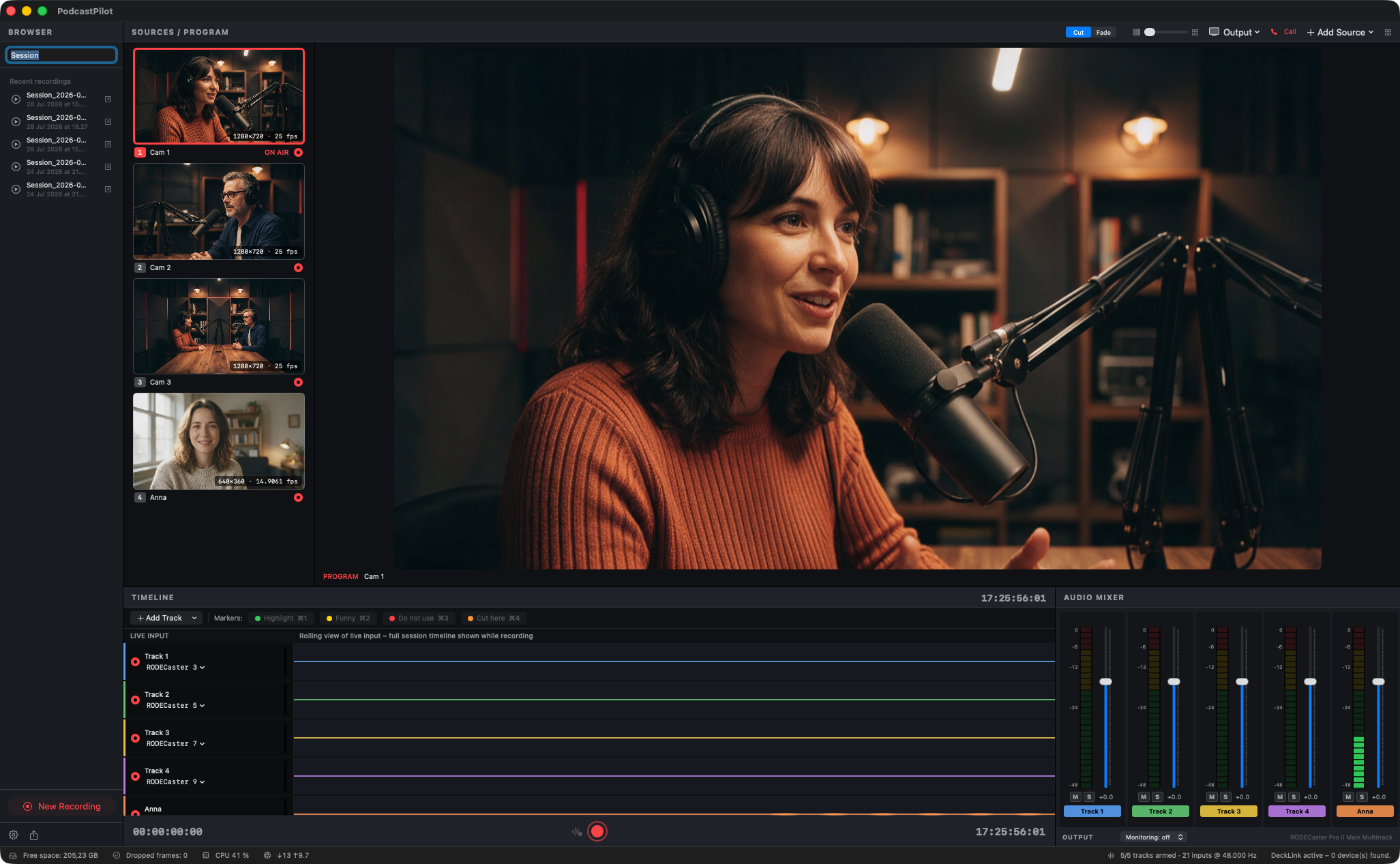 A remote guest as a source in the grid with their own audio track in the mixer