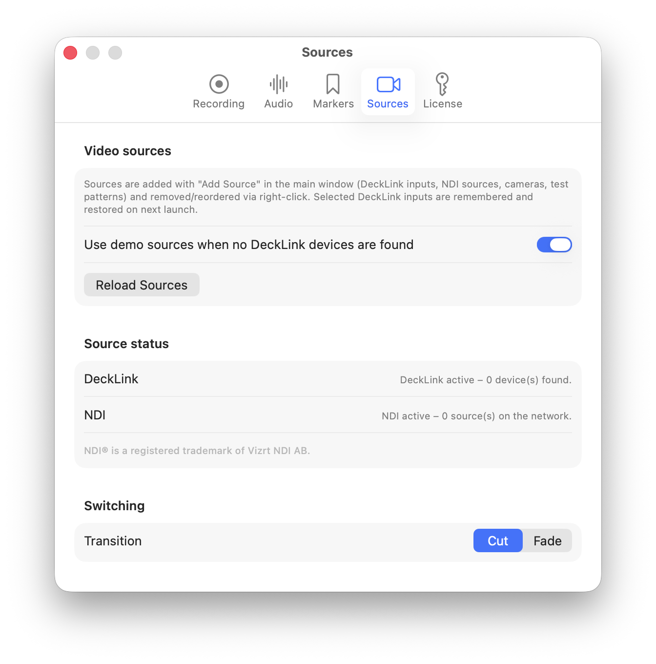 Settings, Sources tab: demo sources, DeckLink/NDI status and switching