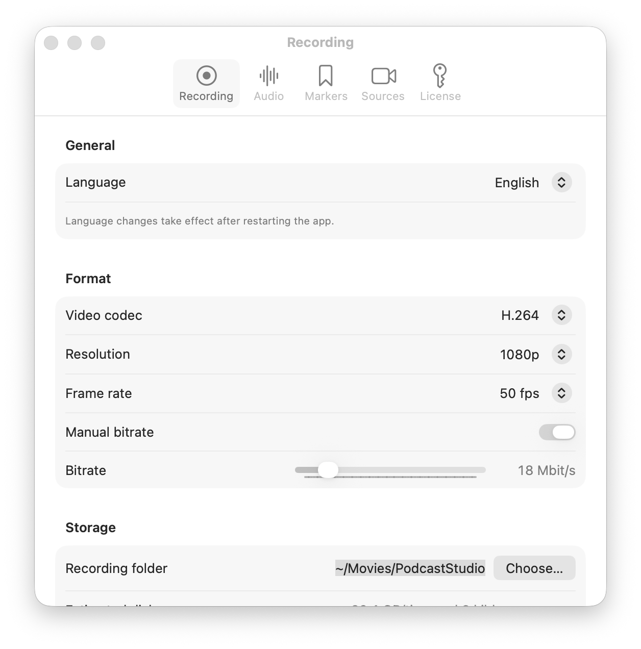 Settings, Recording tab: language, codec, resolution, frame rate, bitrate, storage and disk speed
