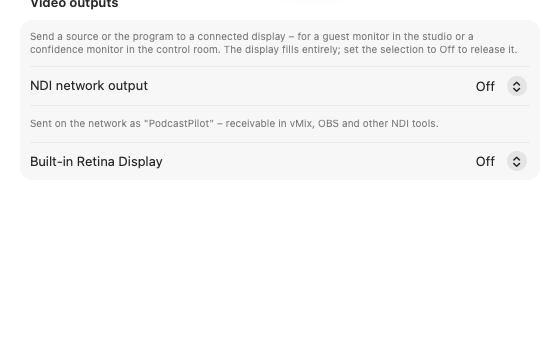The Output tab in Settings with screen and NDI outputs