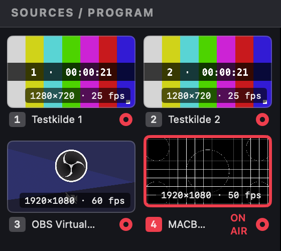 Source tiles with shortcut number, format info, arm button and ON AIR badge