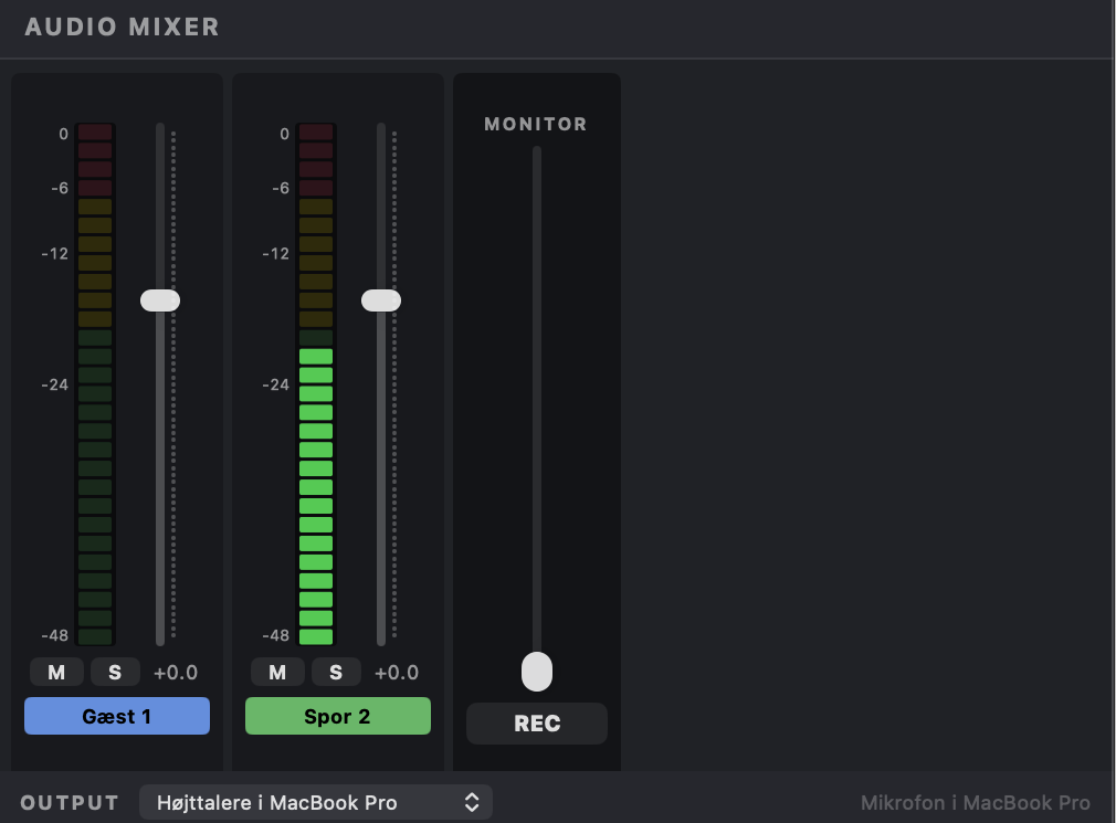 Audio mixer with logarithmic dB meters, faders, mute/solo and monitoring