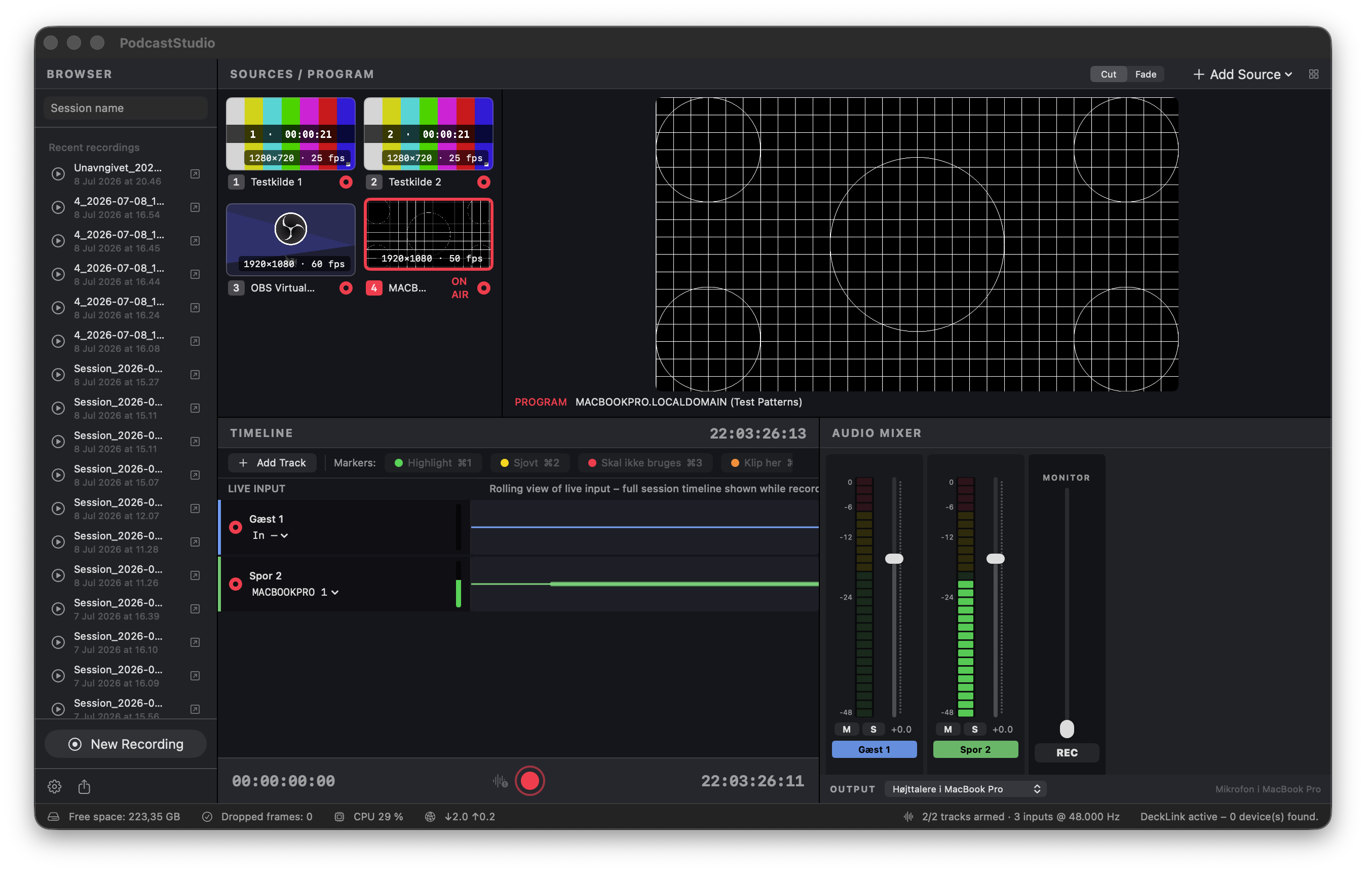 PodcastPilot with SDI and NDI sources, live program, multitrack audio timeline and mixer
