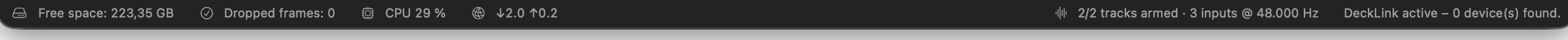 Status bar with disk space, dropped frames, CPU, network and audio status