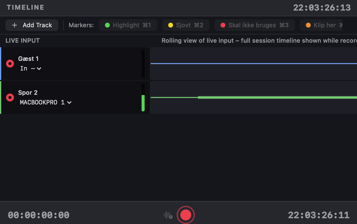 Timeline with audio tracks, waveforms, marker buttons and transport bar