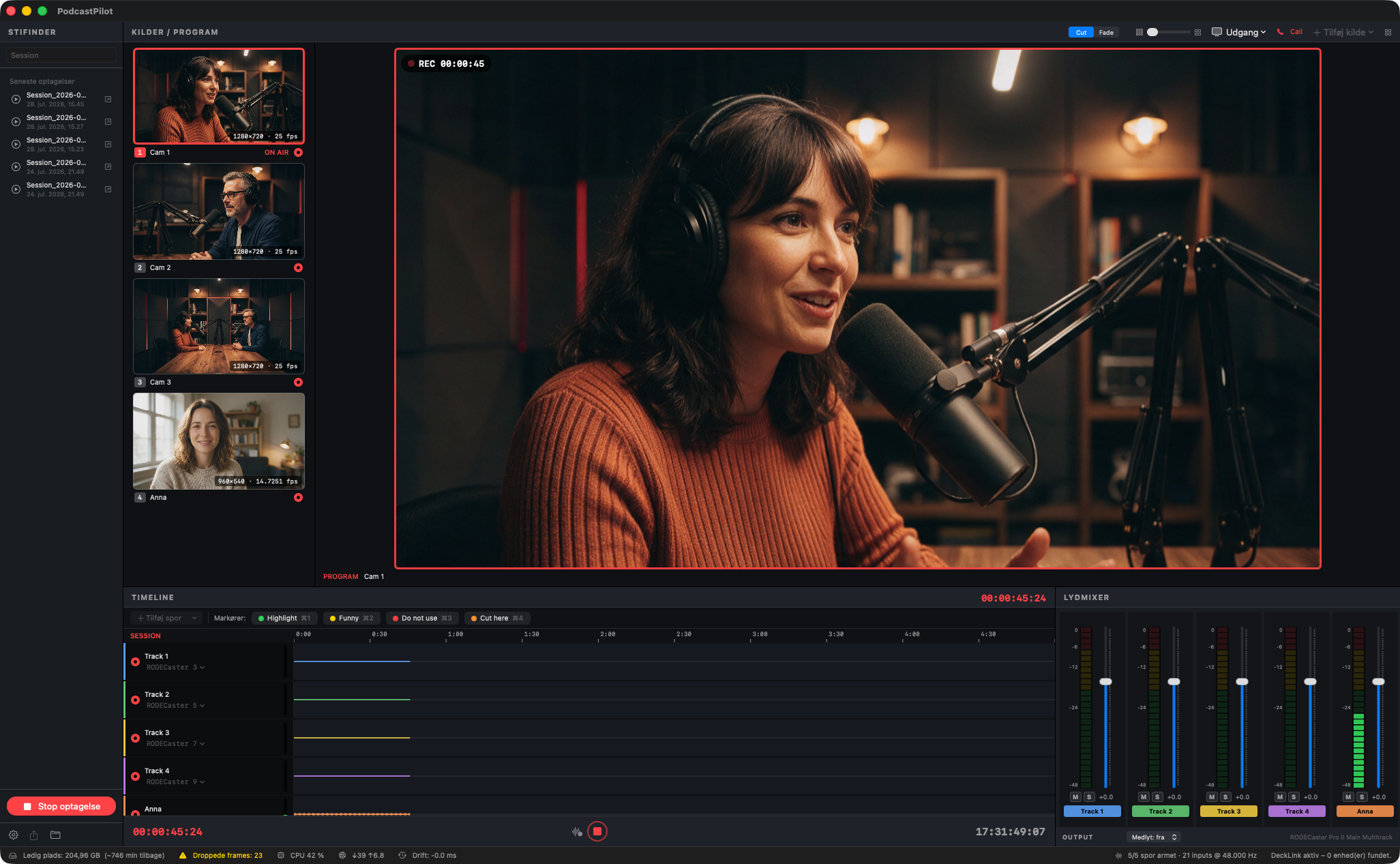 PodcastPilot med kilder på SDI og NDI, live program, multitrack lydtidslinje og mixer